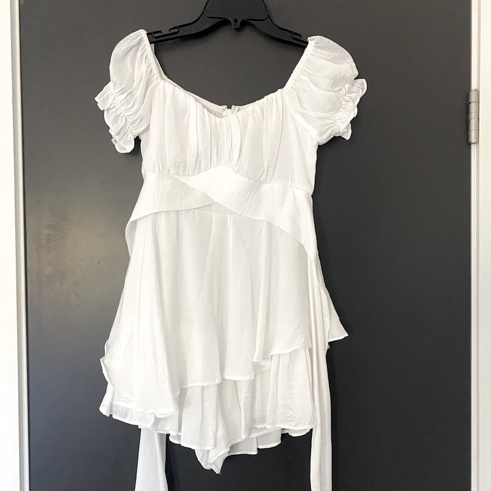 White Ruffle Sleeve Tie Back Dress
